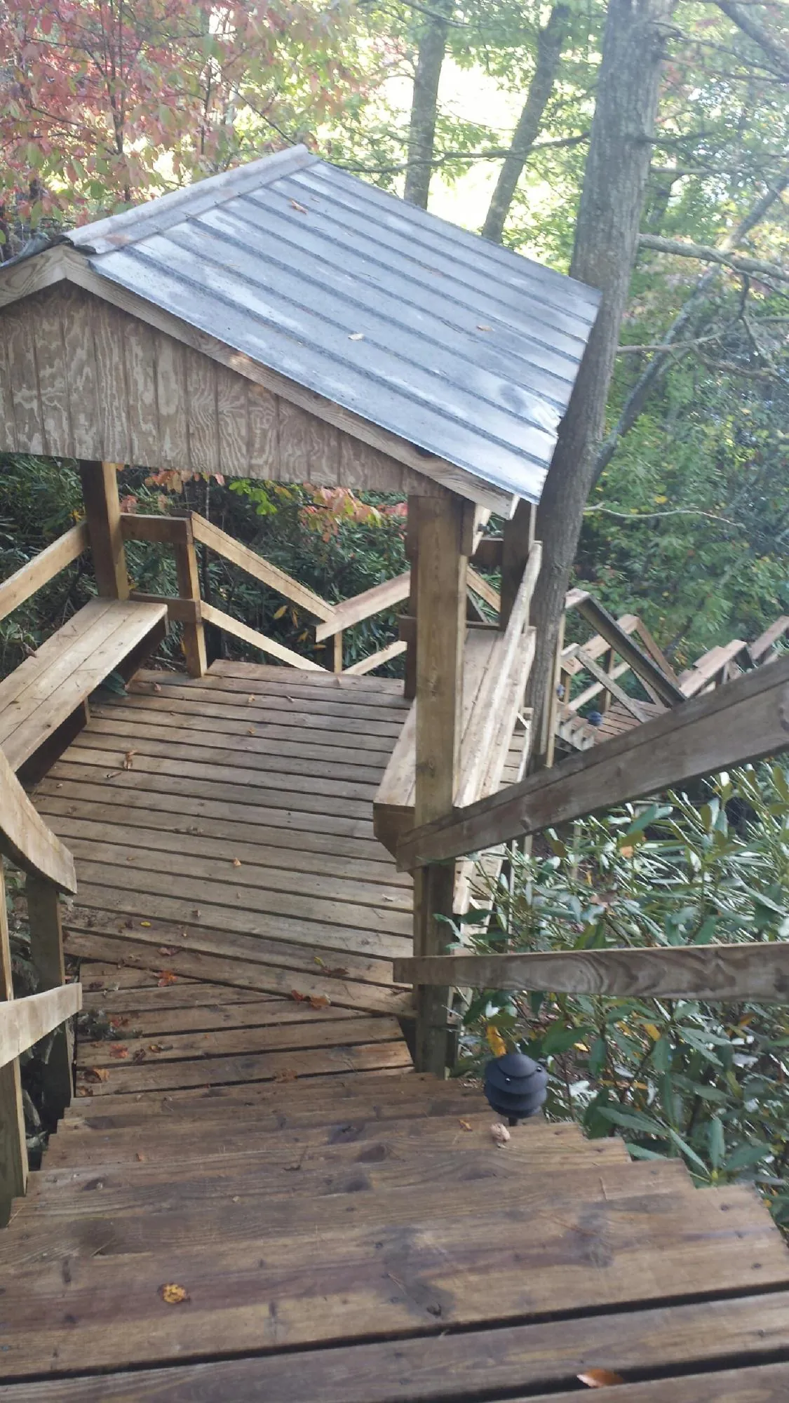 Metal roofed shelter over wooden steps on a wooded walkway — Skylight Repair & Installation work by our crew in Crawfordsville
